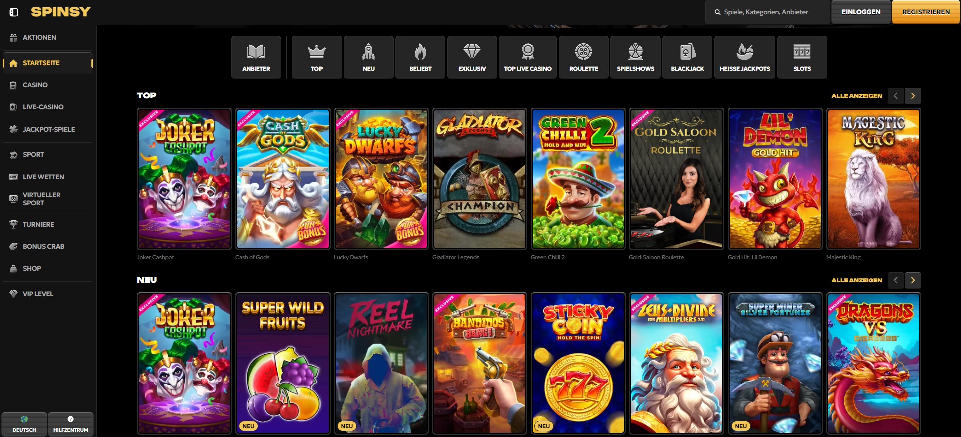 Spinsy Casino-Website, die eine breite Auswahl an beliebten Spielautomaten und Spielen zeigt. Zu den angezeigten Spielen gehören unter anderem Joker Cashpot, Cash of Gods, Lucky Dwarfs, und Gladiator Legends. Perfekt für Spieler, die ein Casino ohne LUGAS suchen.
