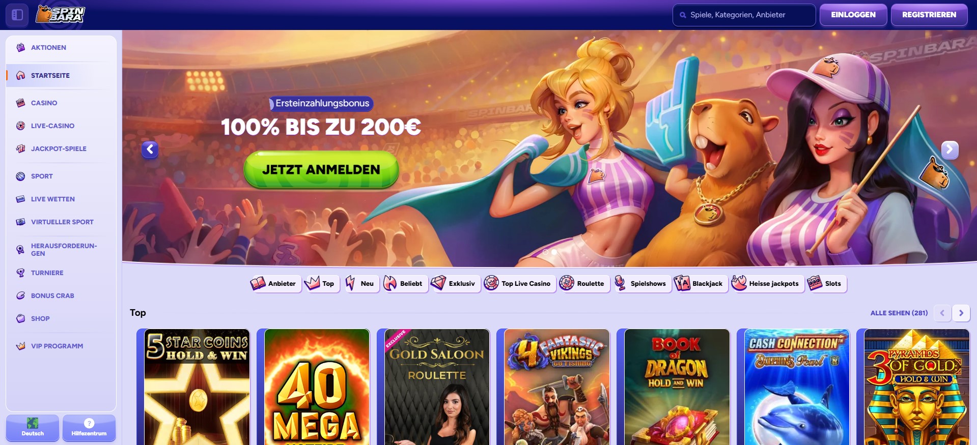 Casino ohne LUGAS Startseite mit Willkommensbonus und vielfältigen Spielkategorien wie Live-Casino, Spielautomaten und Jackpots.